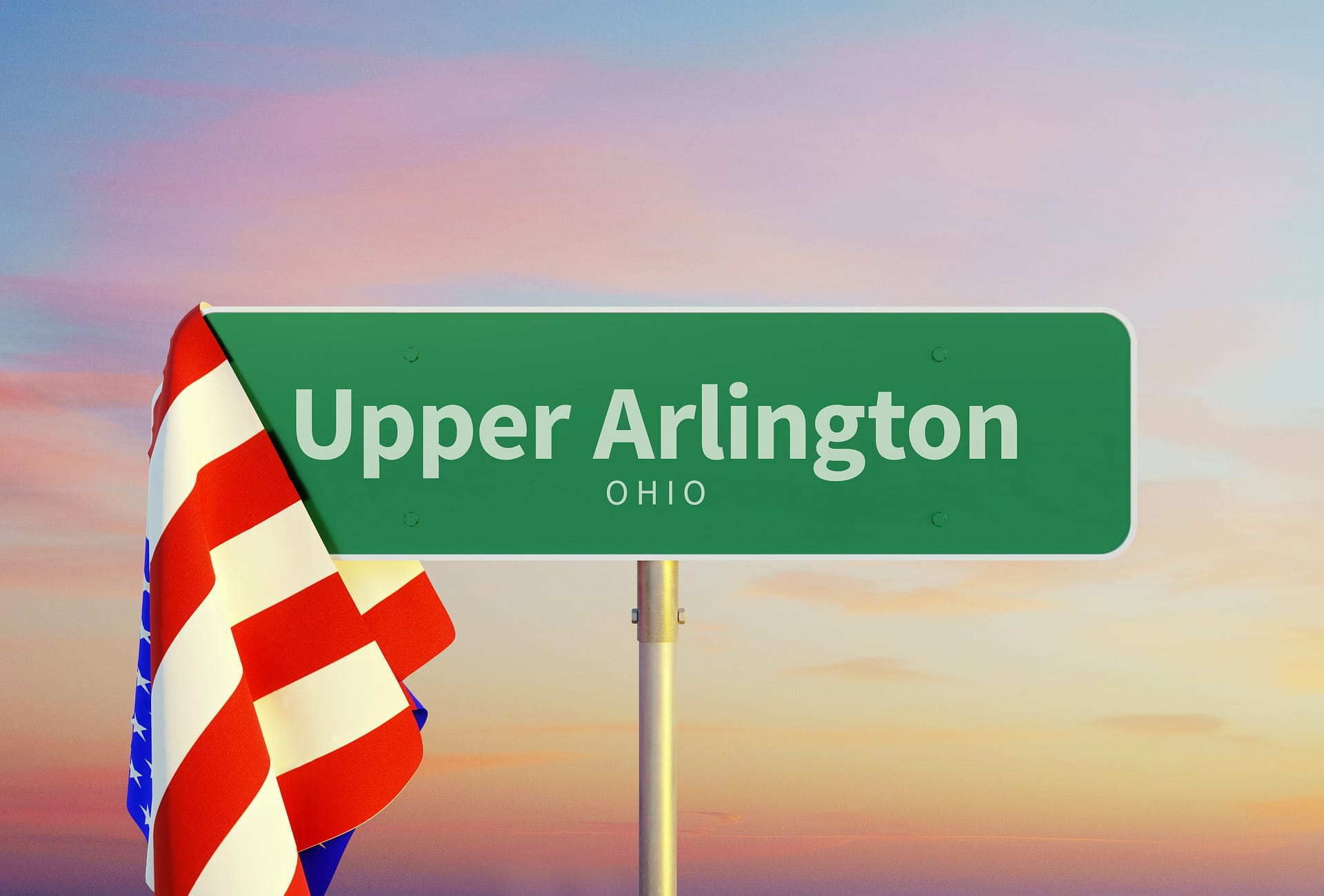 Upper Arlington โ Ohio. Road or Town Sign. Flag of the united states. Sunset oder Sunrise Sky. 3d rendering Upper Arlington โ Ohio. Road or Town Sign. Flag of the united states. Sunset oder Sunrise Sky. 3d rendering