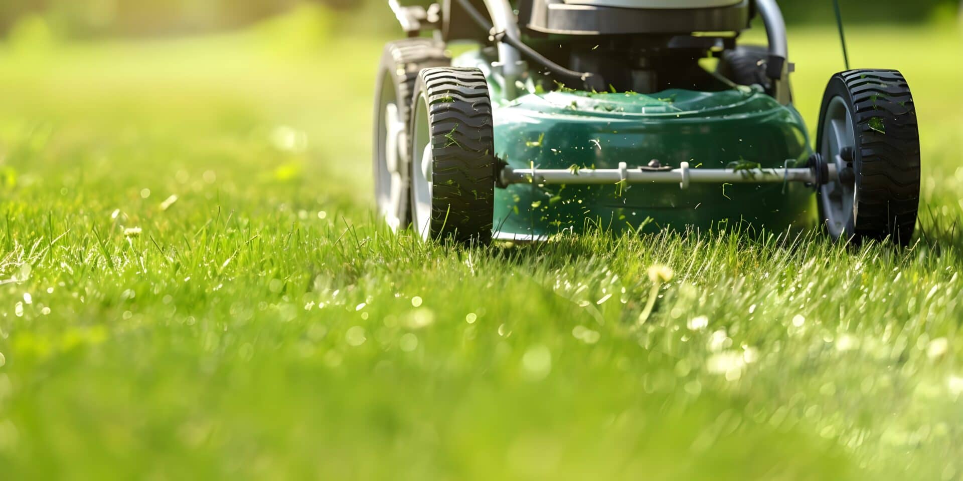Close-up of a green lawn mower in action on a well-maintained lawn. Concept Gardening, Lawn Care, Greenery, Landscaping, Outdoor Activities