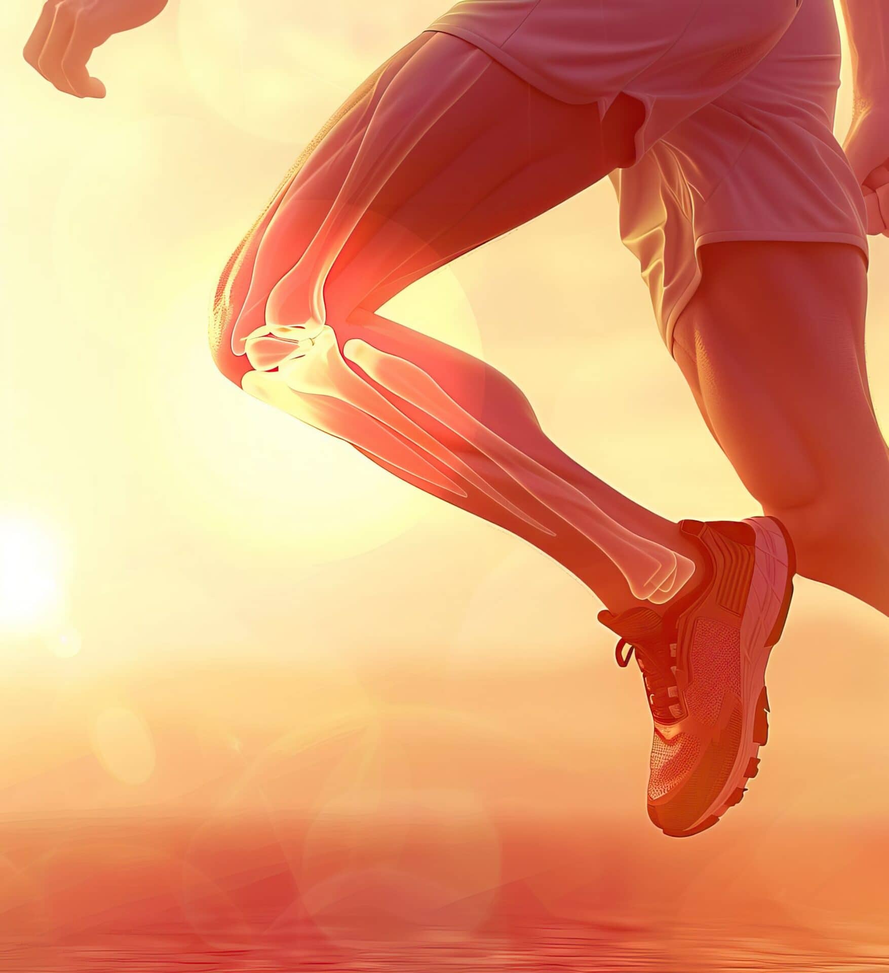 Runner's legs in motion with skeletal overlay, emphasizing the anatomy and biomechanics of running, captured at sunset.