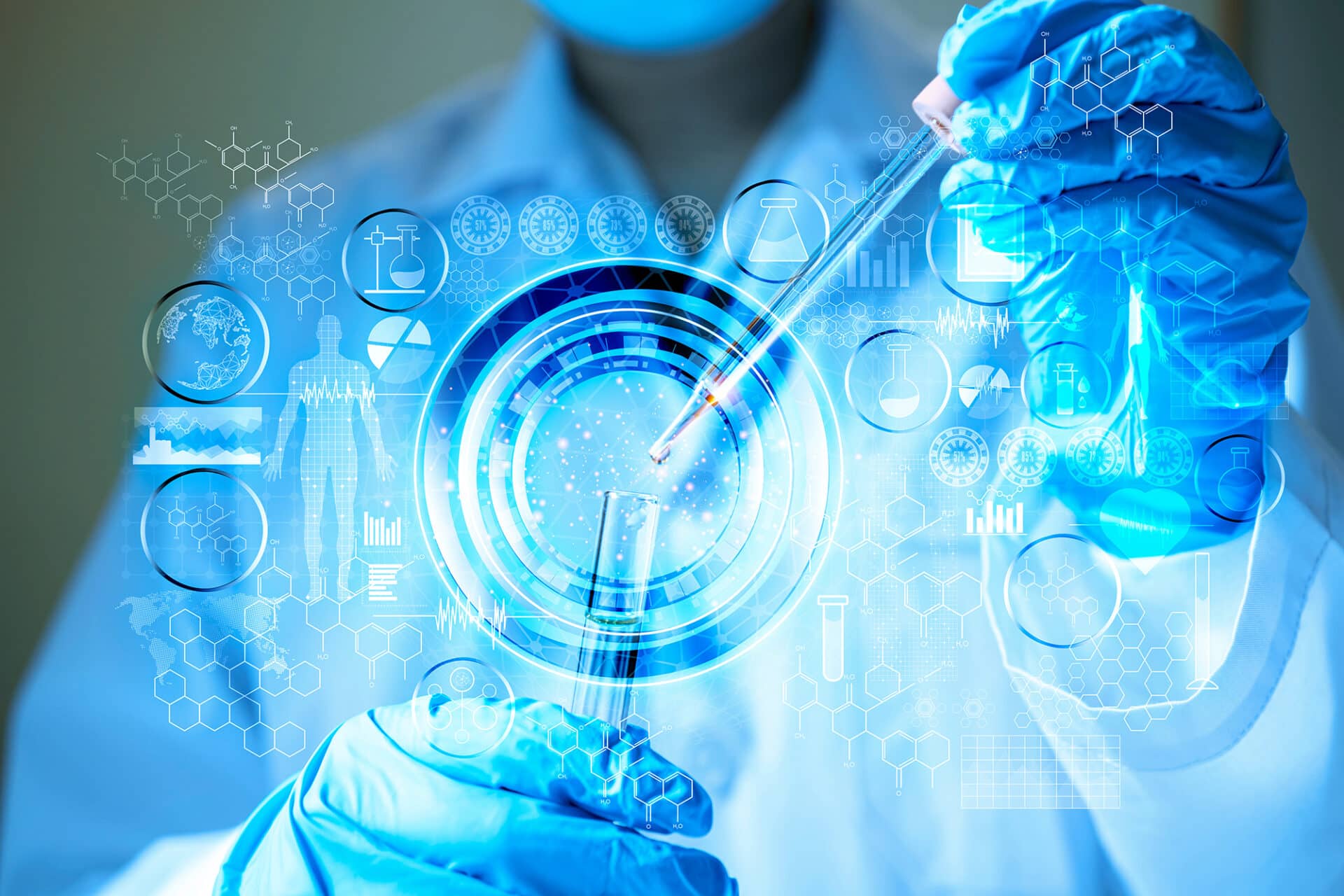 Genetic research and Biotech science Concept. Human Biology and pharmaceutical technology on laboratory background.