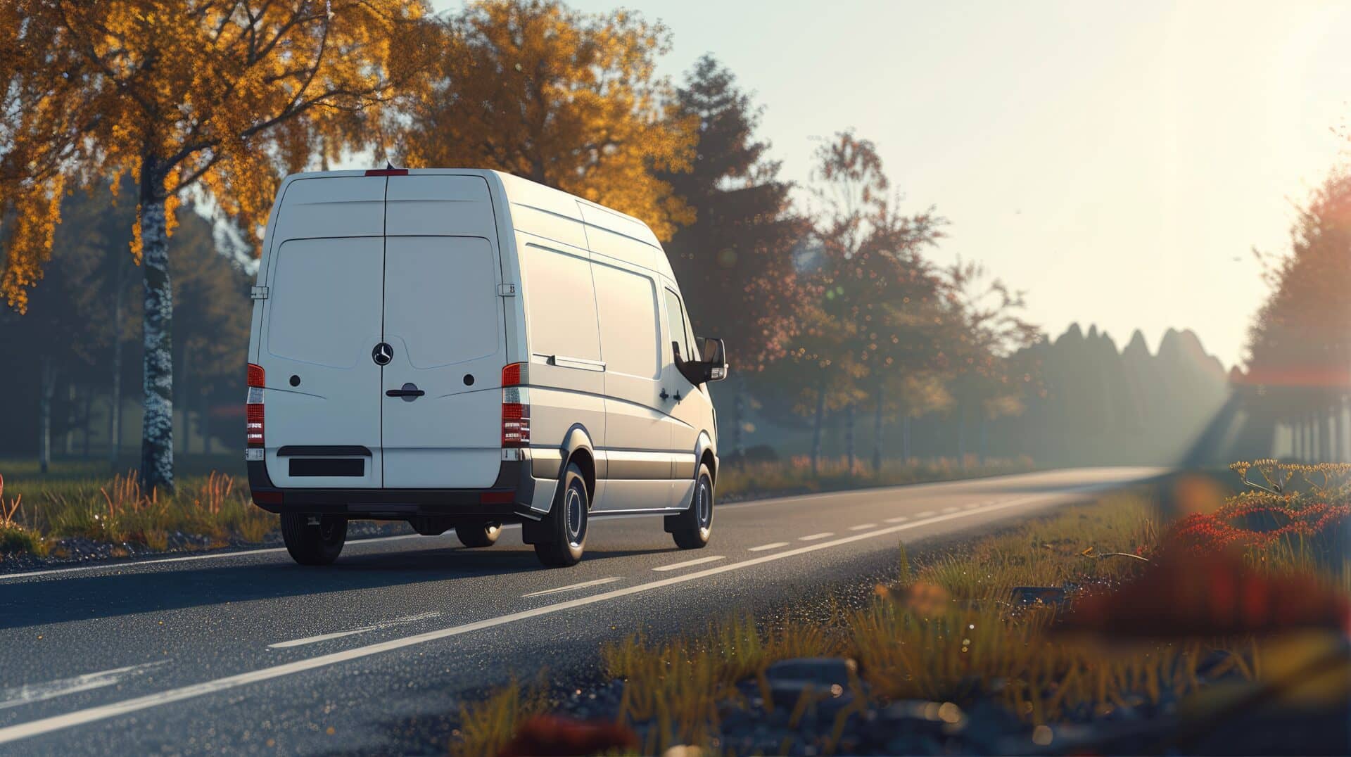A white delivery van travels on a peaceful, tree-lined road during autumn, surrounded by colorful foliage and soft sunlight.