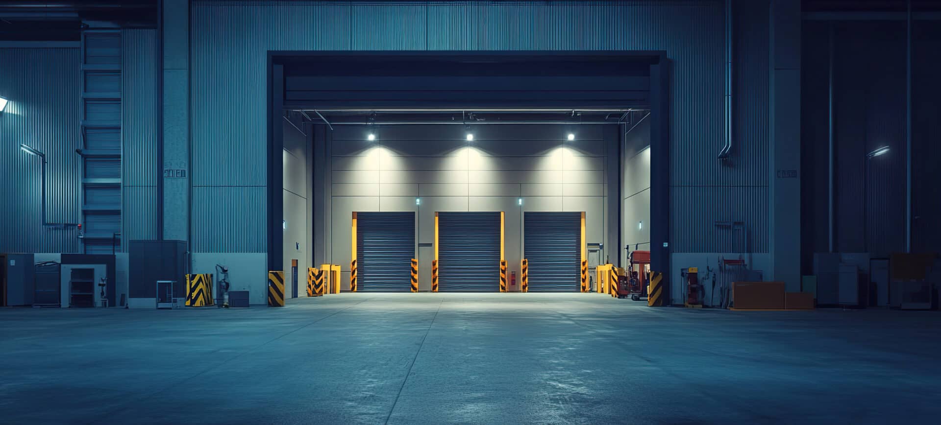 Loading and unloading area in an empty industrial warehouse at n
