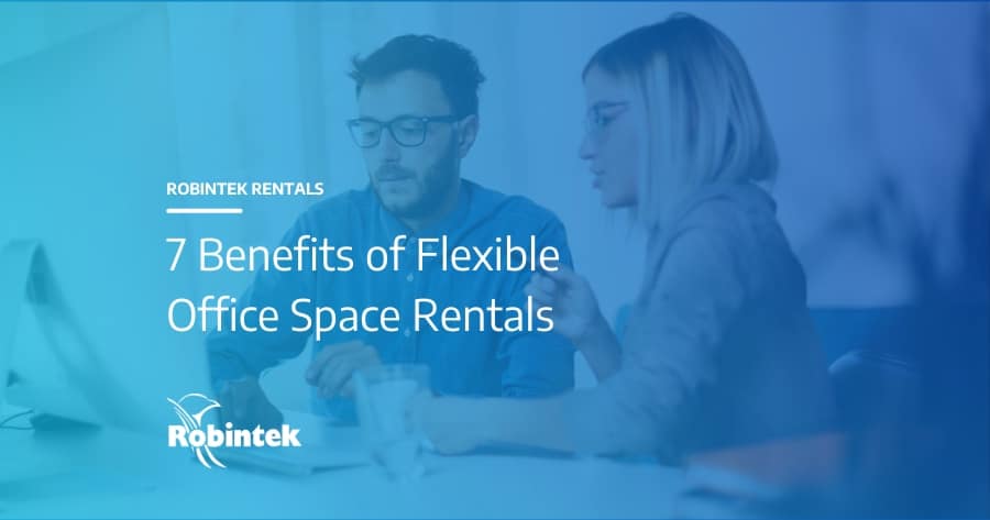 Two coworkers in an office with the text "7 Benefits of Flexible Office Space Rentals"