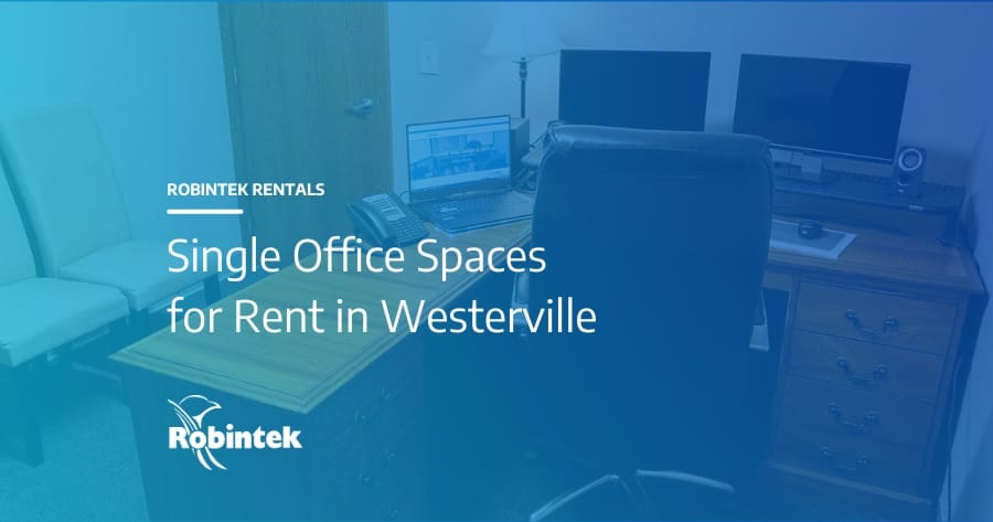 Single office interior with text "Single Office Spaces for Rent in Westerville"