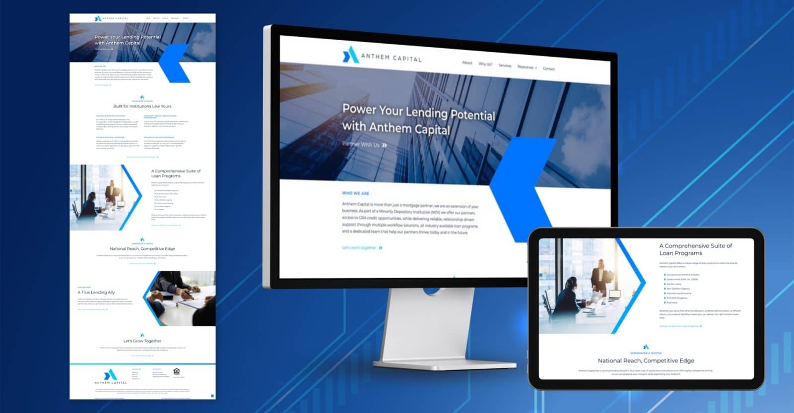 Anthem Capital website homepage design shown in full, on a desktop computer, and on a tablet