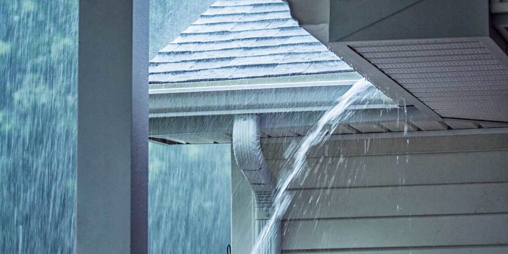Heavy rain pouring off a well-maintained roof, illustrating the importance of maintaining and protecting your gutters to ensure proper water drainage and prevent home damage.