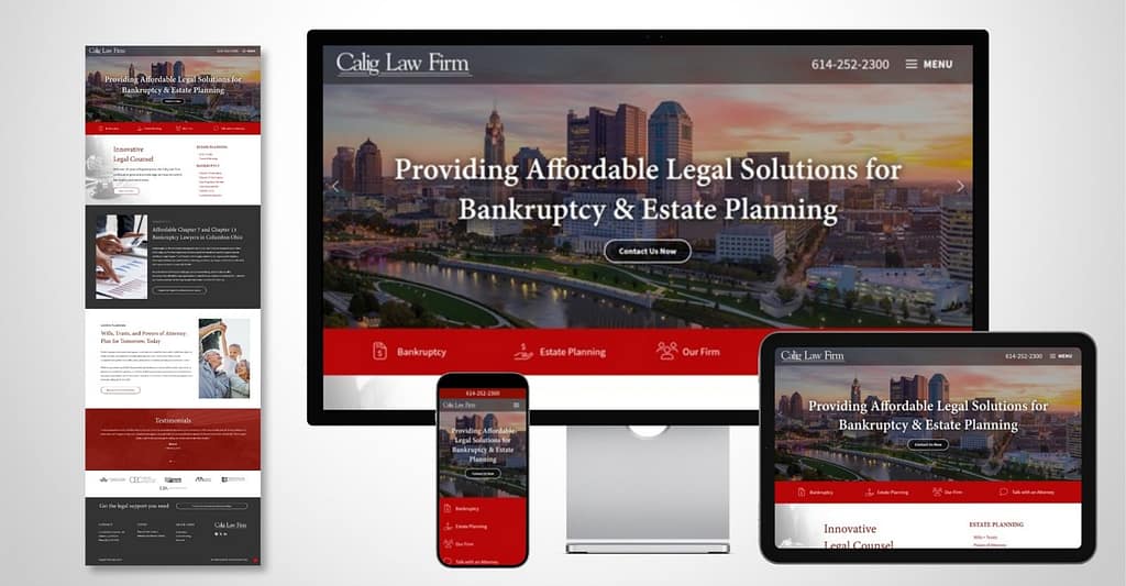 Calig Law homepage design shown in full, on desktop, tablet, and mobile device