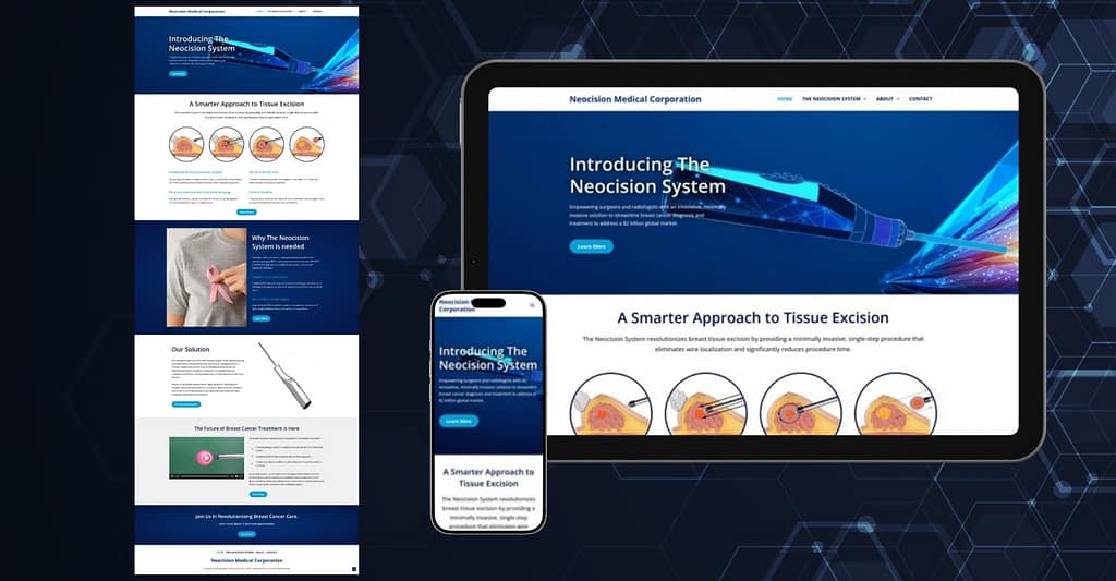 Neocision Medical new website design shown in full, on tablet and on mobile device
