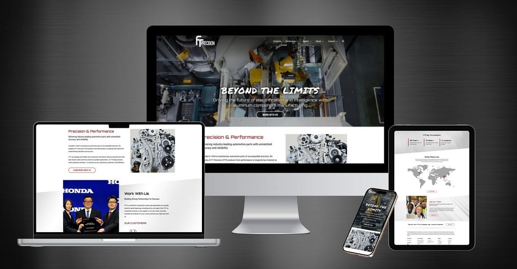 FT Precision website design shown on laptop, desktop, tablet and phone