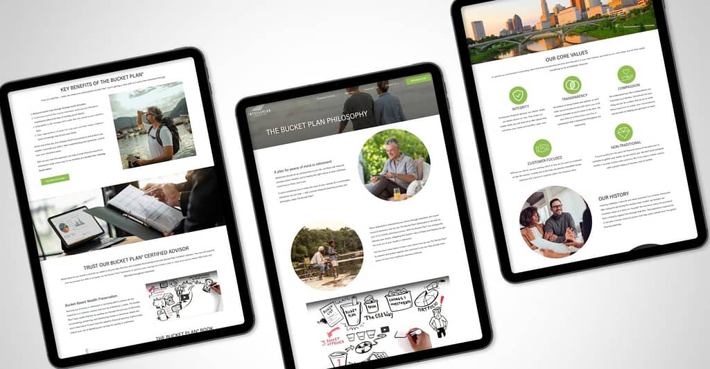 Intelliplan Financial subpage designs shown on three tablets