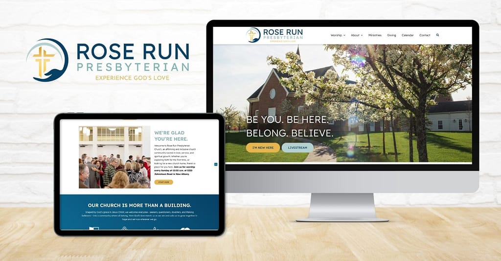Rose Run Presbyterian Church website design and logo by Robintek shown on a desktop computer and tablet