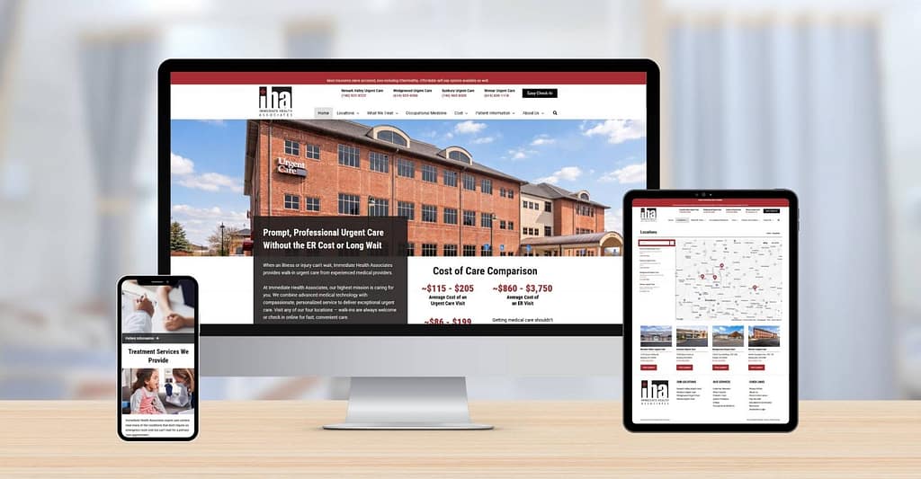 Immediate Healthcare Associates website design show on desktop, tablet, and phone
