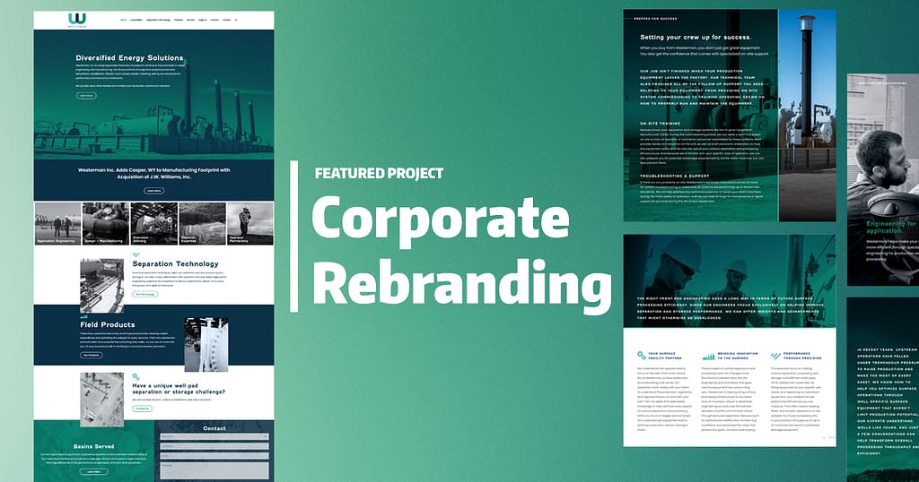 print and web design layouts on a green backdrop with the text "featured project: Corporate rebranding"