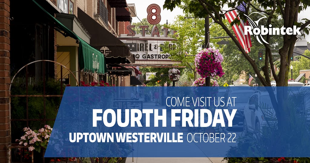 street in uptown westerville with text overlay "come visit us at Fourth Friday, uptown westerville, October 22"