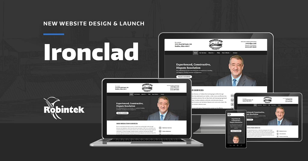 desktop, laptop, tablet, and mobile devices with the Ironclad homepage design on a gray background with the text "New website design and launch: Ironclad"