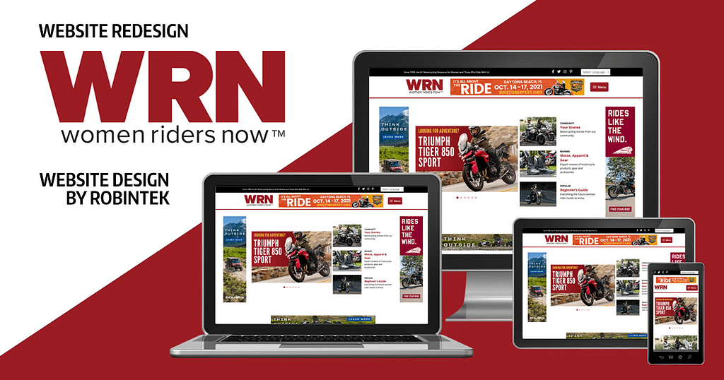 Women Riders Now (WRN) website redesign layout by robintek shown on multiple devices