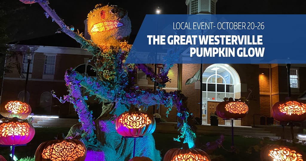 Uptown Westerville pumpkin display with text overlay "local event-october 20-26, The Great Westerville Pumpkin glow"