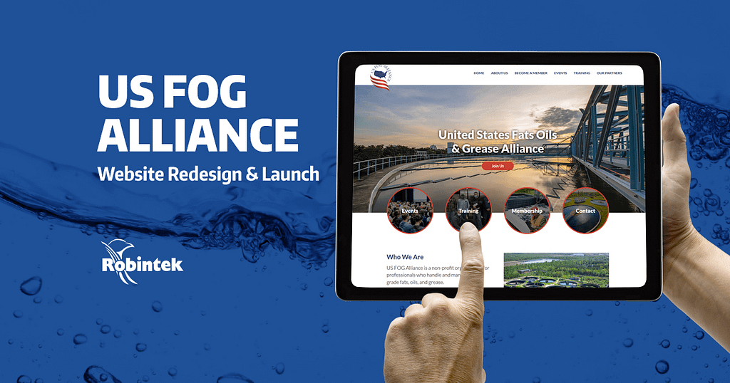 tablet with US FOG alliance homepage with hands navigating the site with text overlay to the left "US FOG Alliance website redesign and Launch"