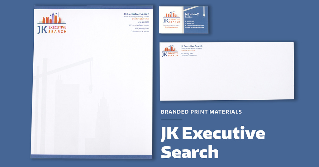custom business card, letterhead, and envelope with the JK Executive Search logo