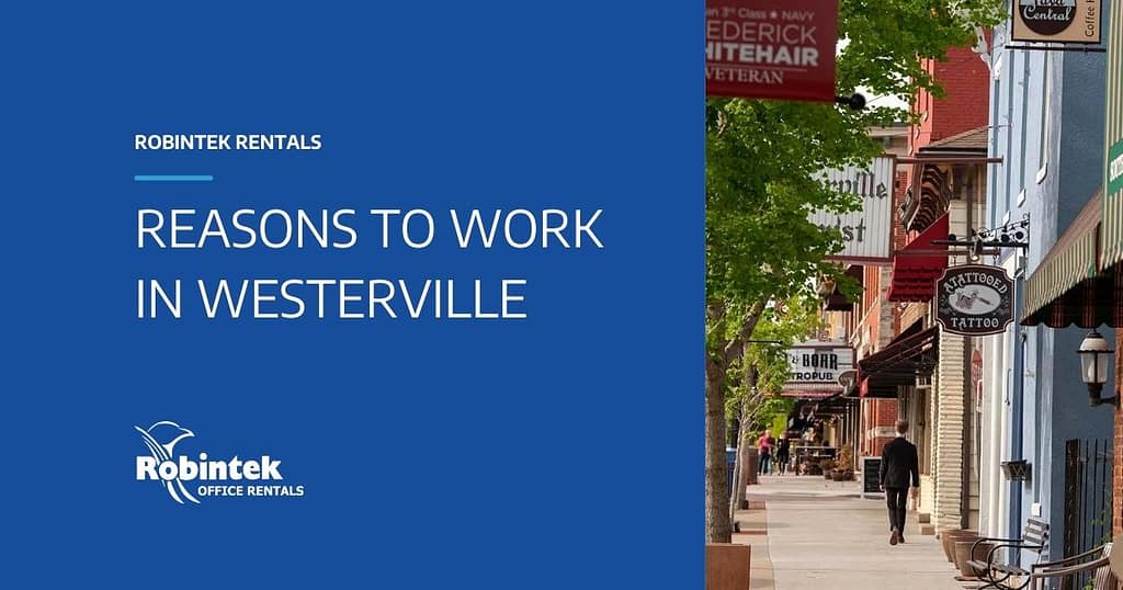 Reasons to work in Westerville blog header with image of main street in Westerville, Ohio