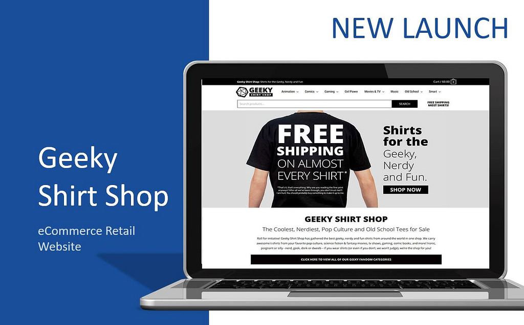 Geeky Shirt Shop eCommerce retail website on a laptop