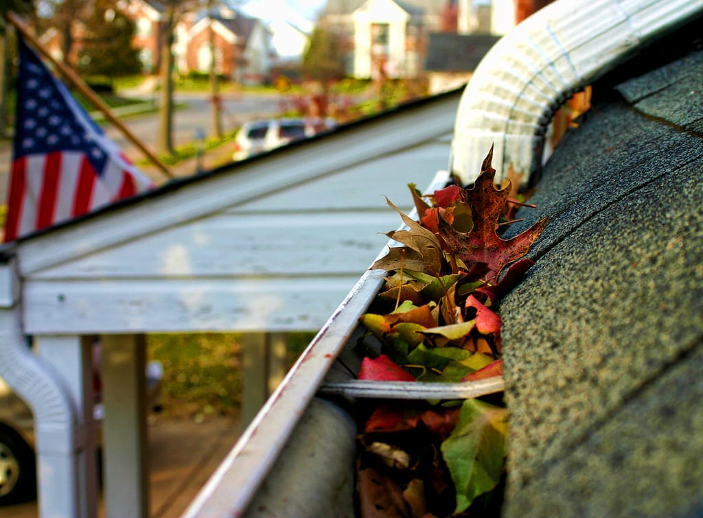 The image shows a gutter filled with fallen leaves and debris, indicating a need for cleaning. This is a common issue, especially during autumn, that can lead to several problems if left unaddressed. 