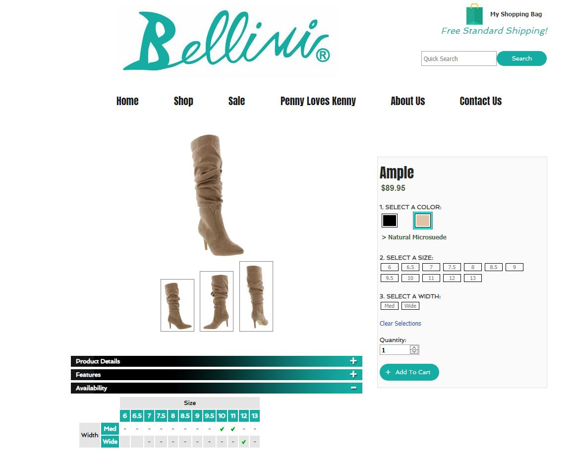 bellini shoes custom product size variations display for ecommerce website