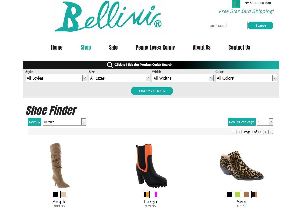 bellini shoes custom product search for ecommerce website