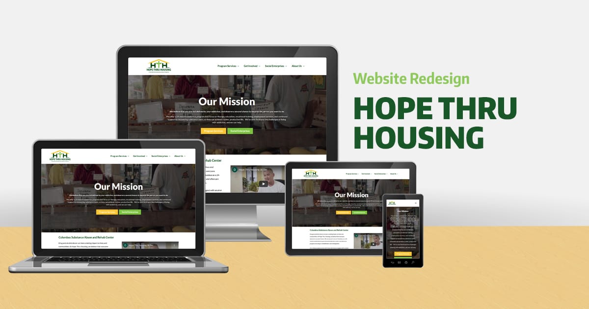 Hope Thru Housing website design on various devices with the text "Website Redesign Hope Thru Housing"