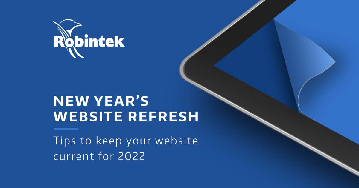 tablet on blue background looking like the design is peeling off to reveal something new with the text "New Year's Website Refresh: tips to keep your website current for 2022"