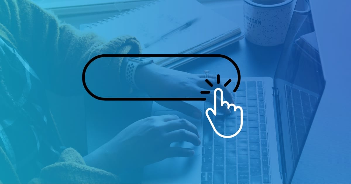 Link button icon over blue image of person working on laptop