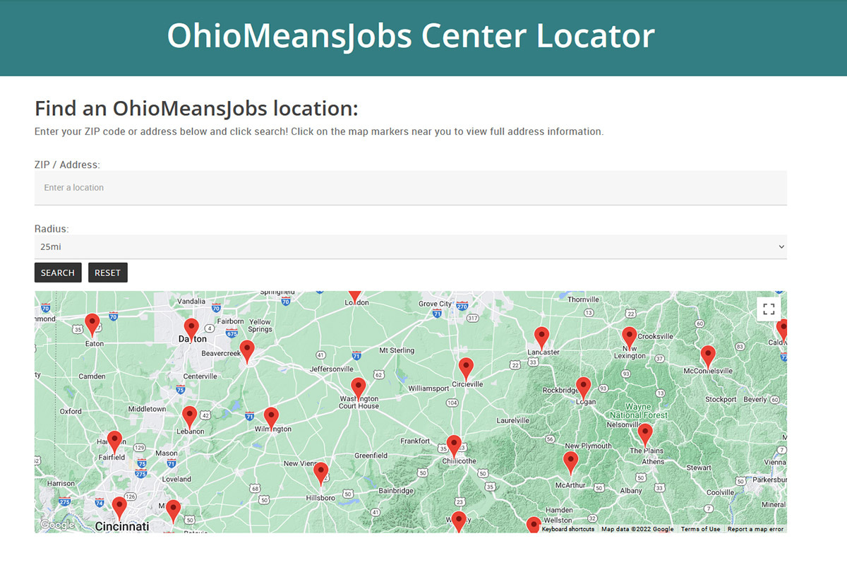 Greater Ohio Workforce Board Jobs Center Locator Map