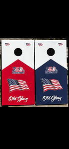 picture of a cornhole game set decorated for America's 250 anniversary.