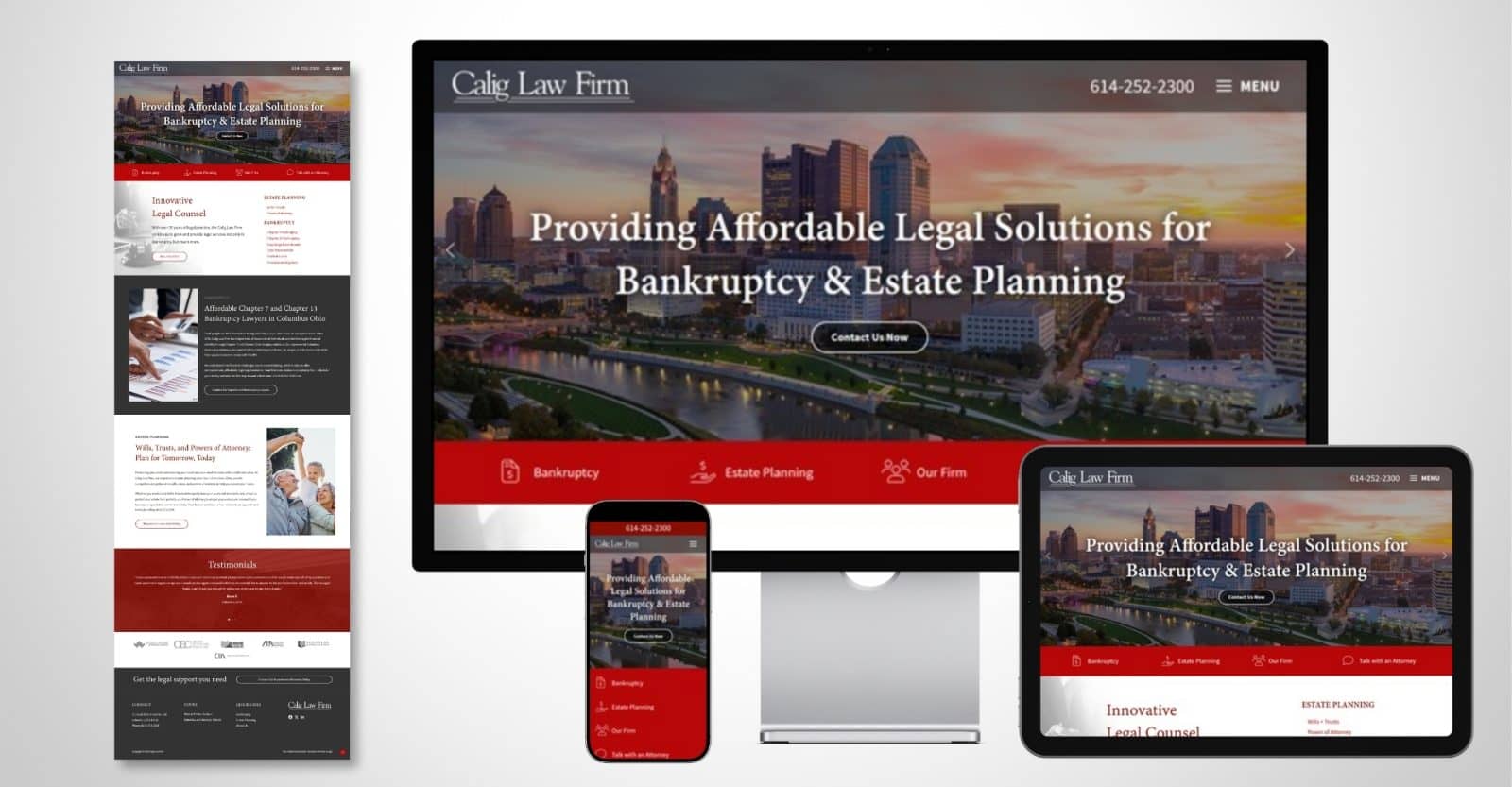 Calig Law homepage design shown in full, on desktop, tablet, and mobile device