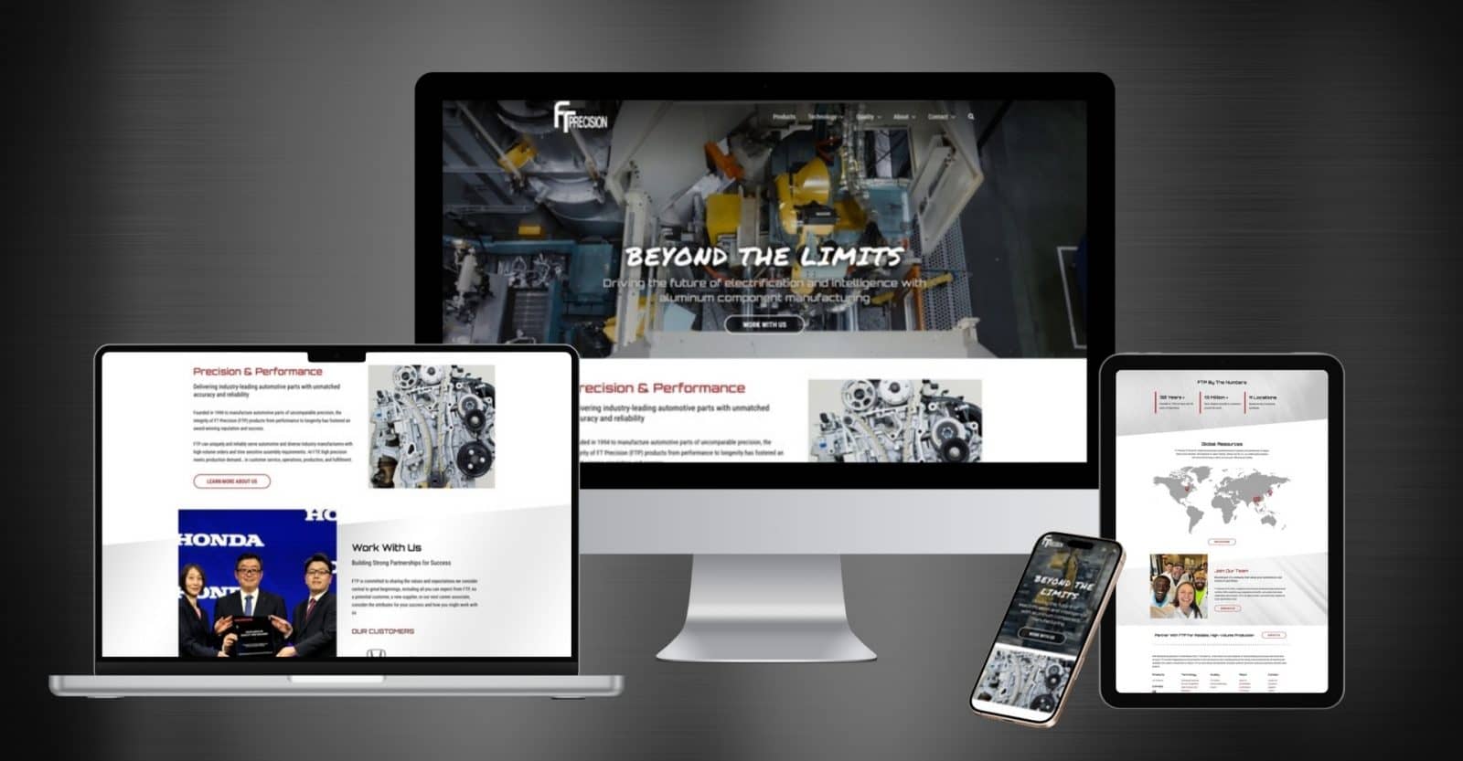 FT Precision website design shown on laptop, desktop, tablet and phone