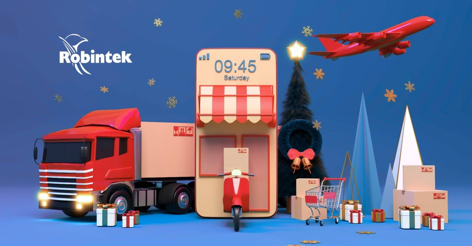 3d illustration in blue and red of a large mobile phone centered with an awning making it look like a storefront around it is a shipping truck, airplane, shopping cart, boxes with holiday bows and cone shaped holiday trees
