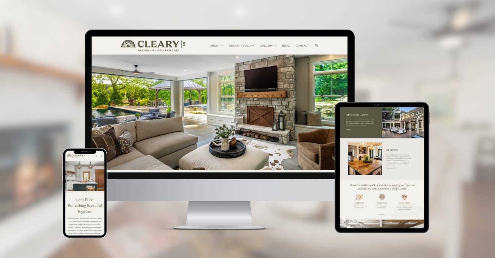 Cleary Co. Homepage design shown on desktop, tablet, and phone