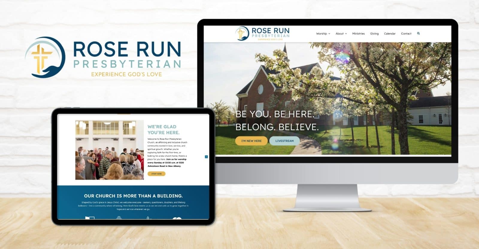 Rose Run Presbyterian Church website design and logo by Robintek shown on a desktop computer and tablet