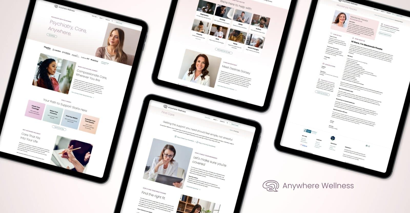 Anywhere Wellness webpage designs shown on four different tablets