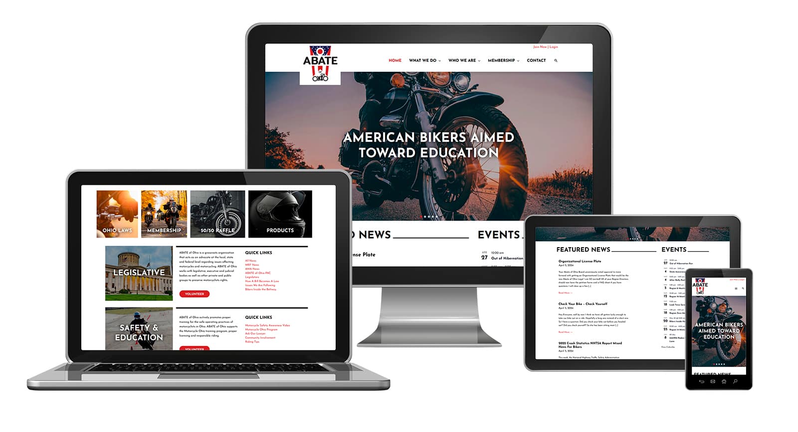 ABATE of Ohio homepage redesign by Robintek shown on multiple devices, desktop, laptop, tablet, and mobile phone