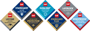 GAF diamond badges showcasing our GAF impact-resistant roofing shingles