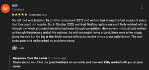 Muth Roofing customer review on Google