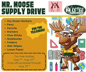 Mr. Moose Teacher Supply Drive for Big Walnut Teachers image with a list of needed items.