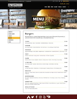 The Pint Room website layout food menu
