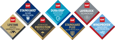 GAF diamond badges showcasing our GAF impact-resistant roofing shingles