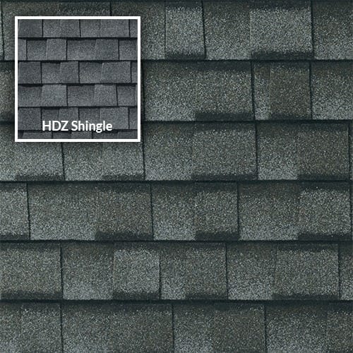 Timberline uhdz pewter gray shingle large showing difference with thumbnail HDZ shingle in the upper left corner