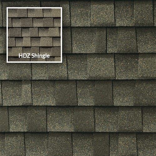 Timberline uhdz weathered wood shingle showing difference with HDZ shingle thumbnail in upper left corner