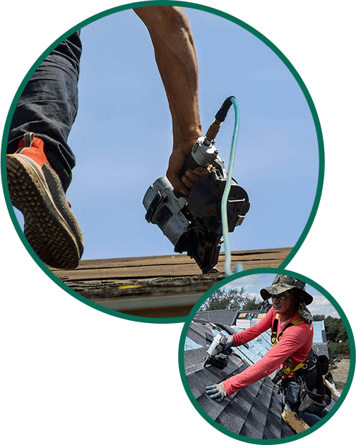 close up of roofer shingling with a nail gun in a circle with a second smaller circle showing a person working on shingling a roof