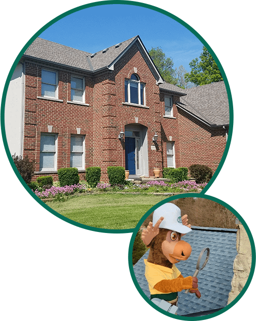 Two circles with images, one of a house and one of the Muth Moose