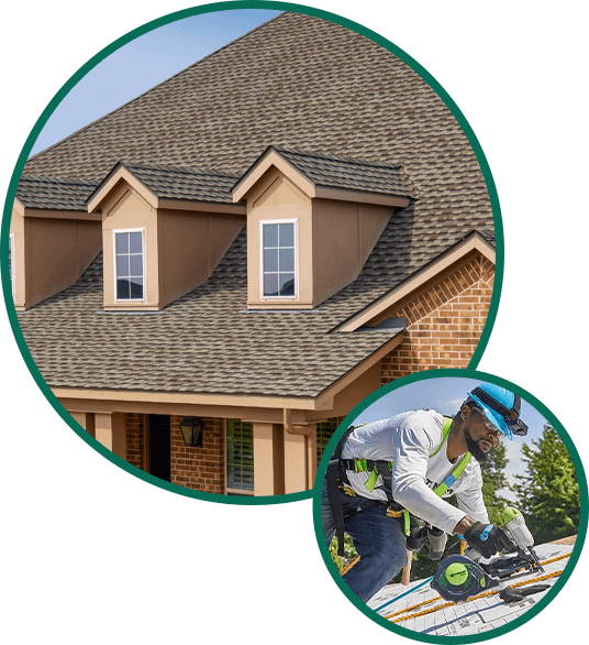 Two circles with images inside one of a roof and the other of a roofer working to put shingles on a roof
